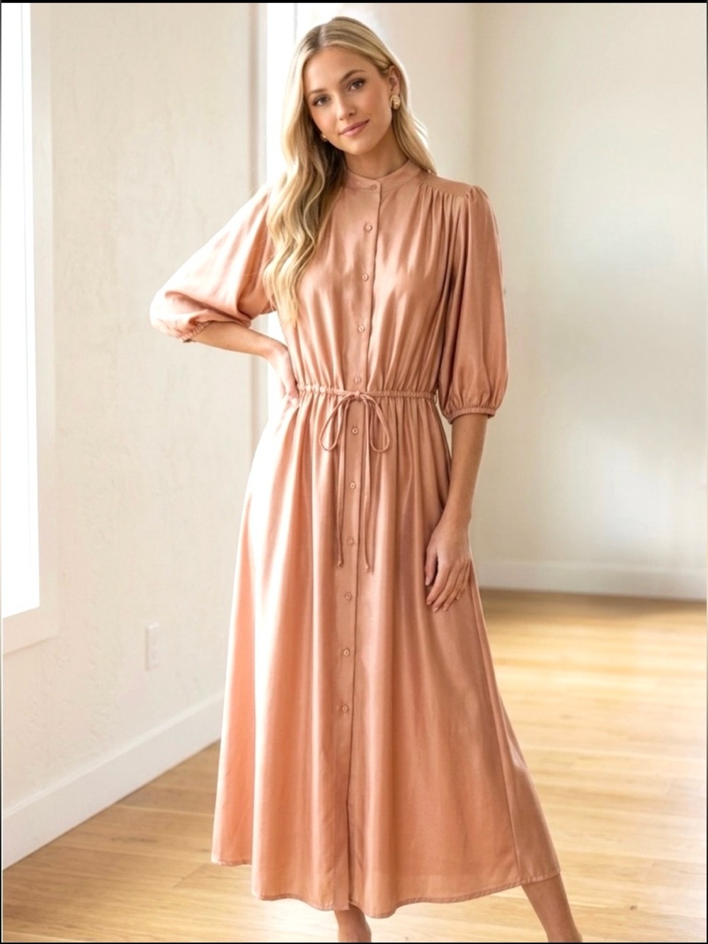 Vintage 60’s Vanity Fair Peach Blouson Maxi Dress S Long Sleeve Mid Century